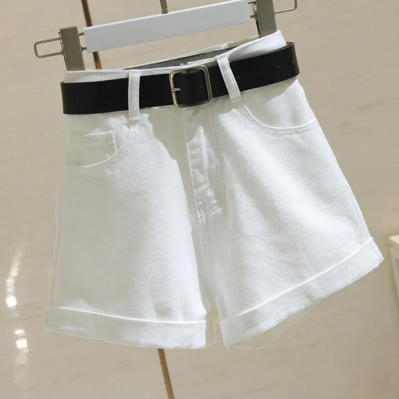 2023 New Korean Denim Shorts Women's Summer Show High Show Thin Curled Hem Pants A-line Wide Leg Pants