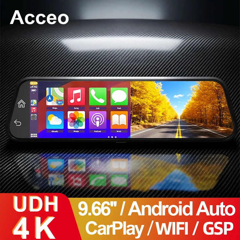 ACCEO 4K 대시캠 미러형 차량용 DVR 무선 카플레이/안드로이드 오토 10인치 터치스크린 비디오 레코더 1080P 후방 카메라 GPS WIFI