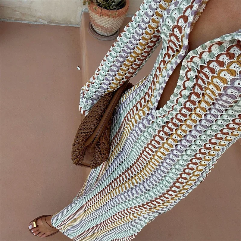 Crochet Dress y2k Clothes Women Geometric Print Turn Down Collar Long Sleeve Long Dresses Vintage Beach Party Dresses