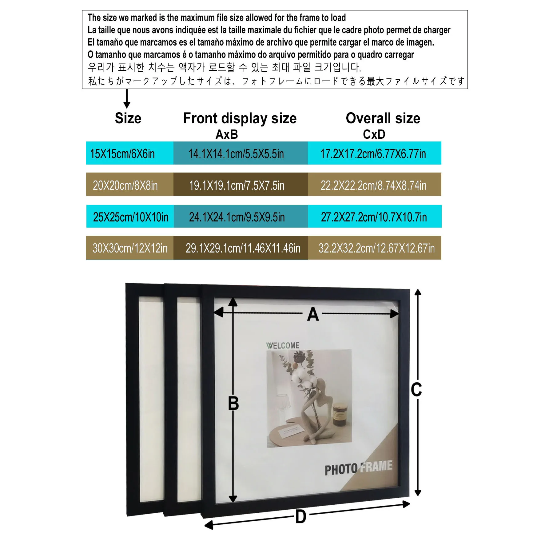 Wood Square Photo Frames - 3Pcs Wall Hanging  Desktop Decor 20x20  30x30cm
