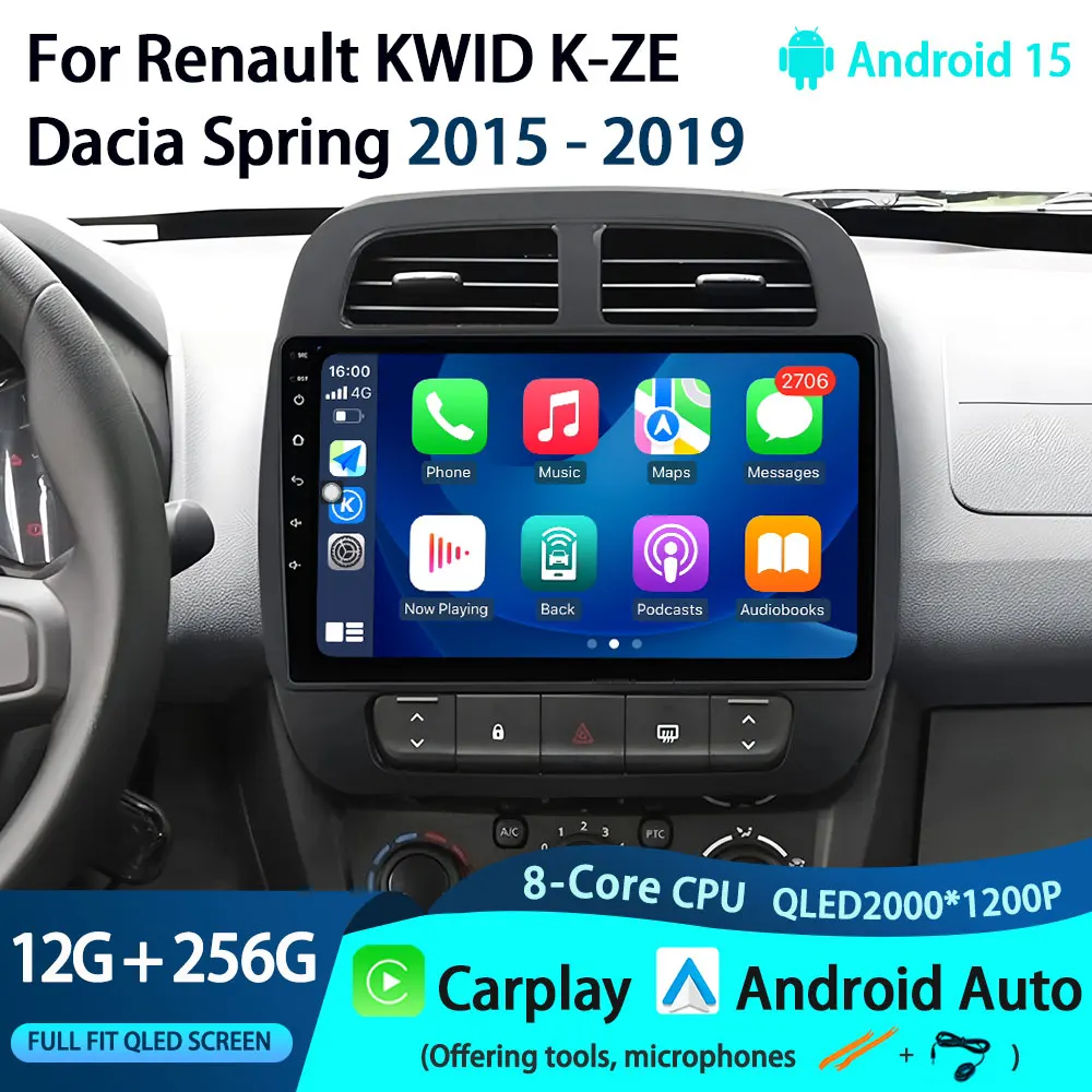 Reproductor Multimedia de Radio de coche Android 15 para Renault KWID K-ZE Dacia Spring 2015 - 2019 Auto Carplay estéreo de coche DSP 1