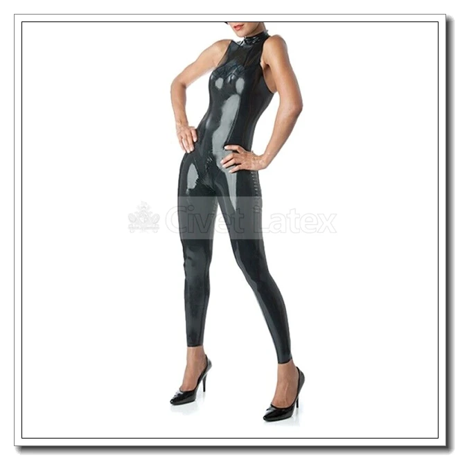 

Civet Latex Catsuit Sleeveless Footless Black Zip Princess Jumpsuit Customize .4mm K92