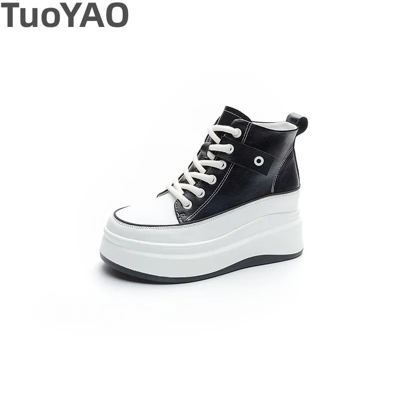 

7.5cm High Top Women's Shoes Genuine leather Platform Motorcycles Ankle Boots Wedge Hidden Heel Spring Autumn Winter Sneakers
