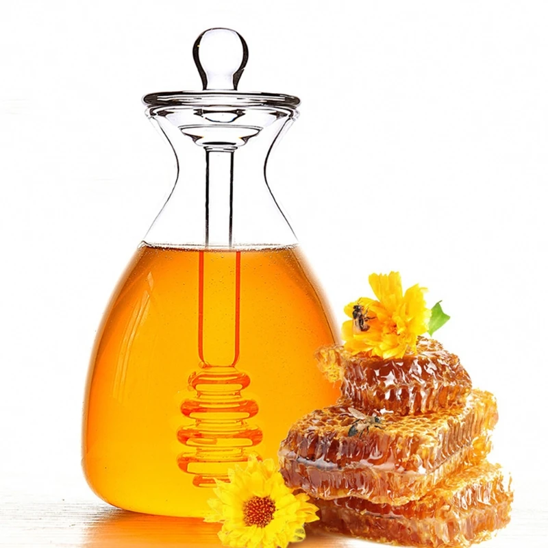 NICEFurniture 14 Oz Clear Honey Pot Glass Honey Jar with Dipper and Lid Cover for Home Kitchen 5