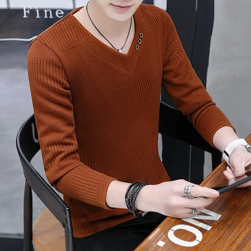 Men Autumn and Winter New Fashion V-Neck Pullover Sweater Fleece and Thicken Solid Color Leisure Warm Versatile Long-sleeved Top