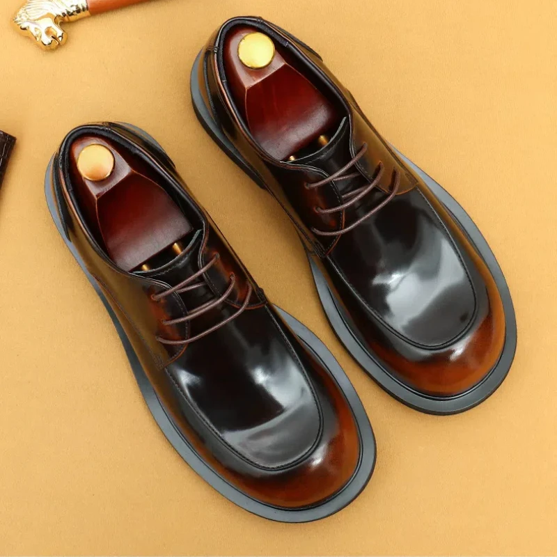 Men's business lace up casual leather shoes British big toe shoes cowhide patent leather round toe derby Retro men's