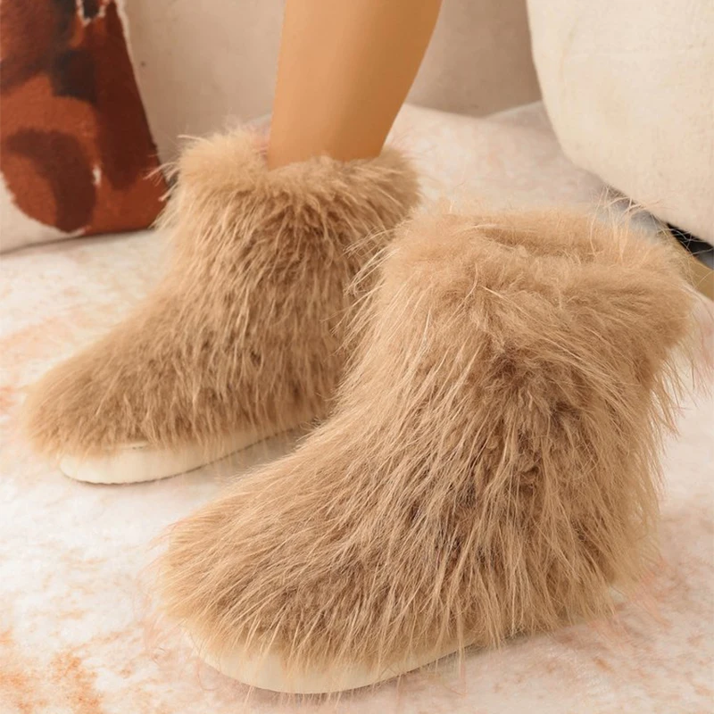 Y2K Fluffy Snow Boots for Women Outdoor Lightweight Thick Sole Plush Boots Woman Soft Faux Fur Warm Round Toe Cotton Shoes Lady - Image 3