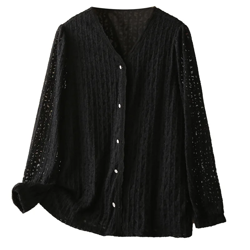 V-neck Lace Shirt for Women, Long Sleeve, Loose Blouses, New Temperament, Plus Size, Autumn and Winter, 2427