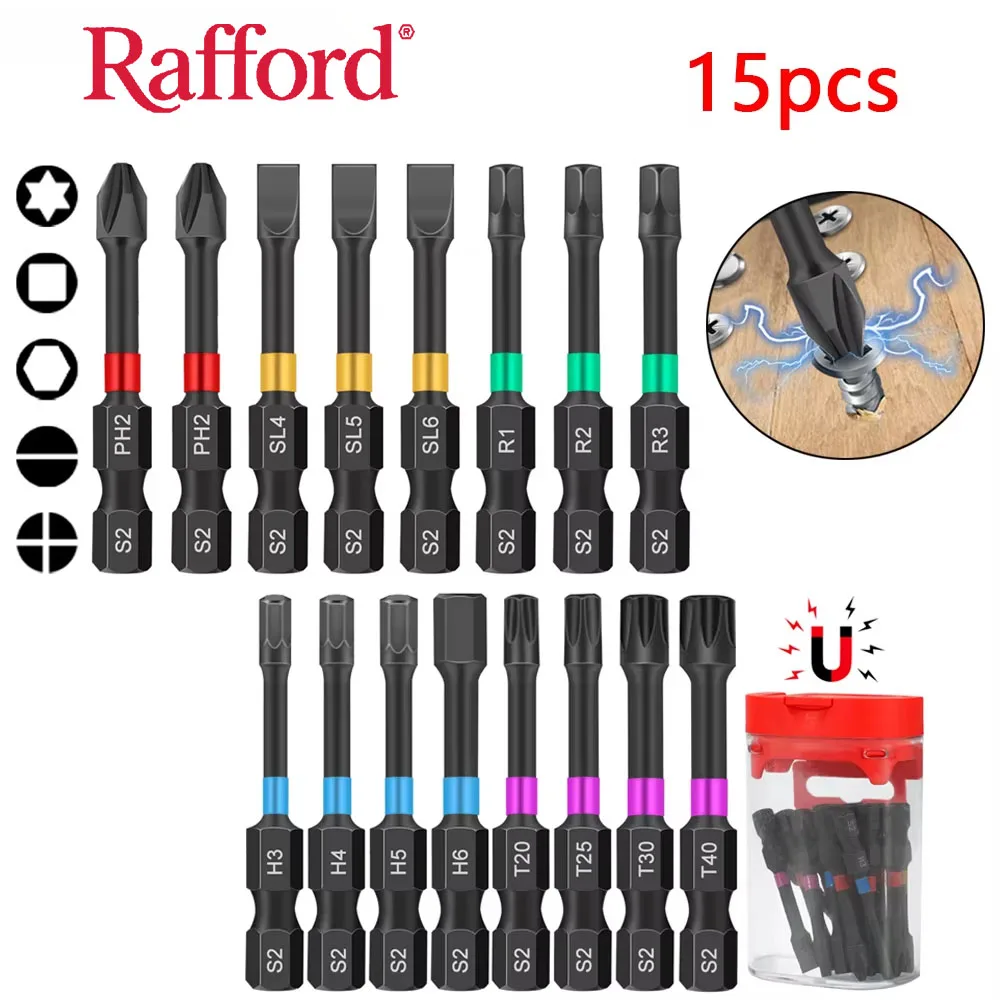 15PCS Magnetic Batch Head Impact Electric Screwdriver Bit Set Rafford Magnetic Case 5 Types S2 Head Bit Anti-slip Waterproof Bits
