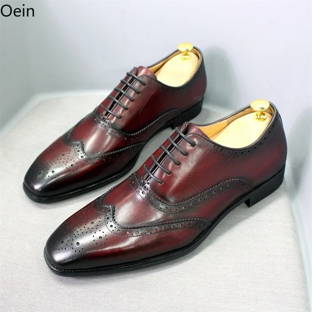 Mens Wingtips Shoes Genuine Leather Wedding Shoes Brogues Carved Lace Up Party Casual Dress Retro