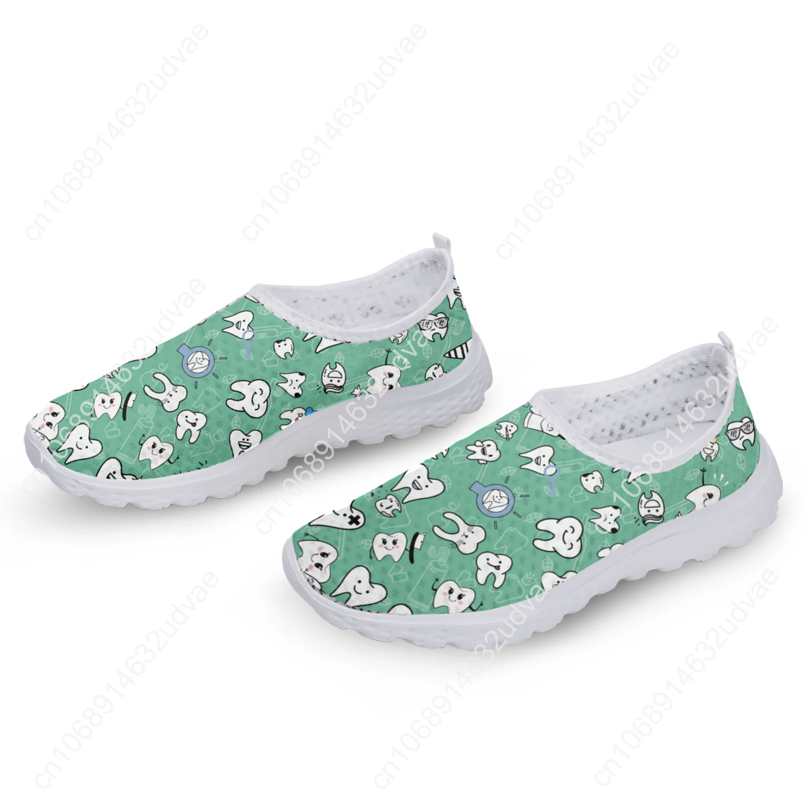 Green Funny Cartoon Teeth Print Ladies Loafers Comfortable Medical Shoes Summer Breathable Mesh Sneakers Zapatos