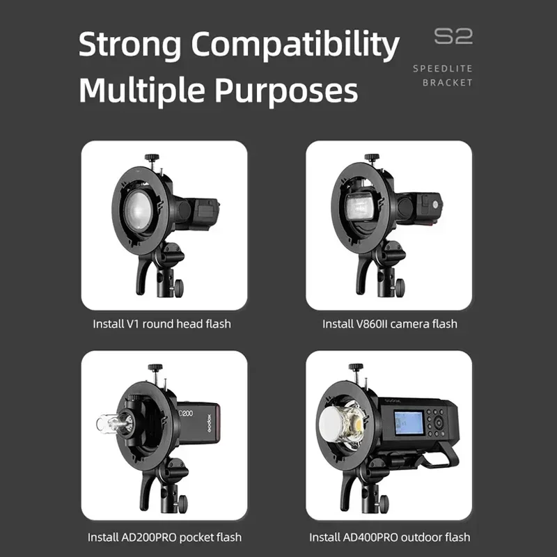 Godox S2 Speedlite Bracket S1 Updated S-Type Bowens Flash Holder Mount For Godox V1 V860III AD200 AD400Pro TT600 Snoot Softbox flash holder