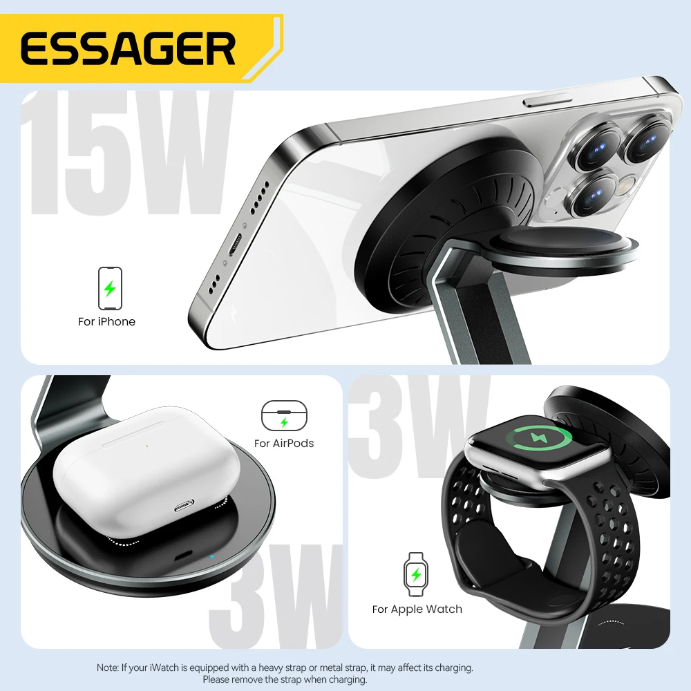 Essager 3 in 1 Magnetic Wireless Charger Bracket for Apple Watch Airpods 15W Fast Charge Dock Station for iPhone 15 14 13 12 Pro