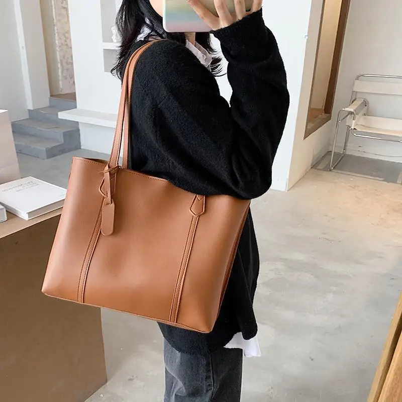 Casual PU Large Capacity Tote Bags for Women Fashion Solid Color Zipper  Female Shoulder Bag Ladies Handbag