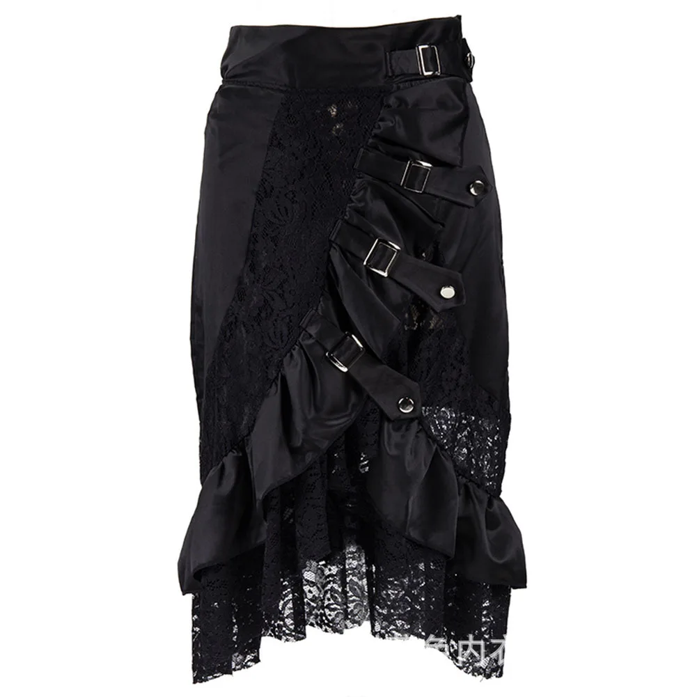 Victorian Black Satin & Lace Floral Ruffles Steampunk Skirt Burlesque Vintage Sexy Skirts Womens Plus Size 6XL Gothic Clothing