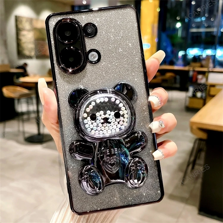 Étui en silicone plaqué avec support d'ours mignon pour Xiaomi Redmi Note 13 Pro 13pro Note13 4g 5g support couverture Mi Poco X6 M6 Pro Pocox6_voghion.com