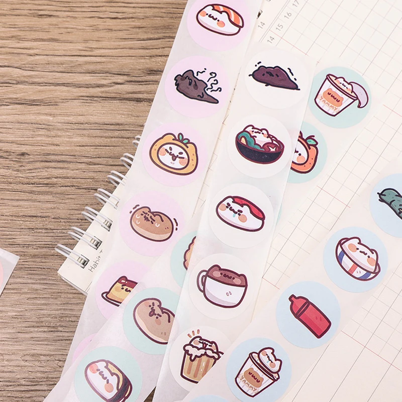 500Pcs/Roll 2.5cm/1inch Circular Cute Cartoon Sushi Pattern Decorative Sticker Baked Dessert Lunch Box Label Decor Sticker