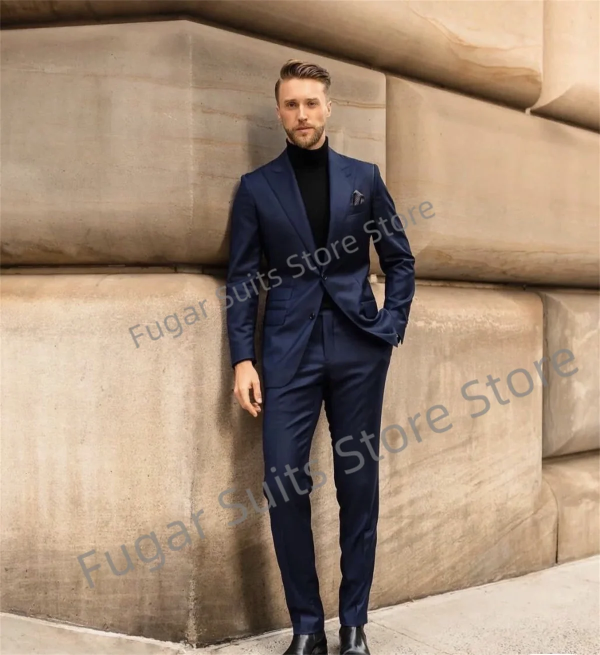 Business Blue Wedding Mens Suits Slim Fit Single Row Groom Tuxedos 2 Pieces Office Male Vest Pants Costume Homme (Jacket+Pants)
