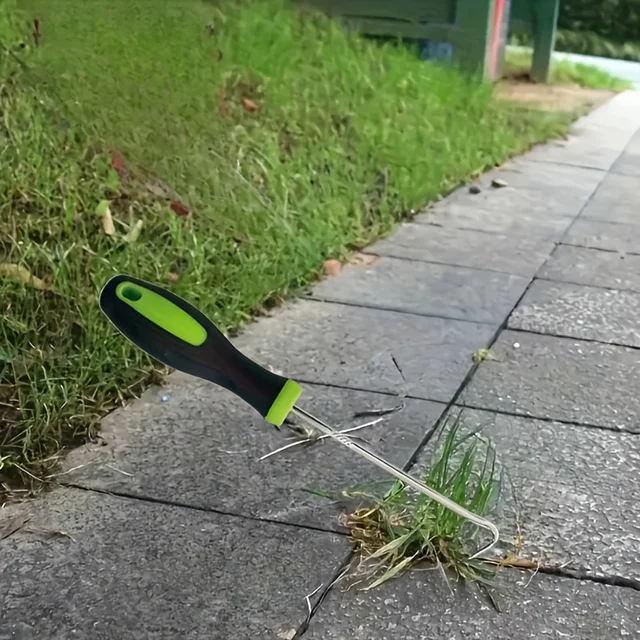Sturdy Metal Weeding Hook Tool - Ergonomic Black & Green Handle for Effortless Garden Weeding, Pathway Maintenance