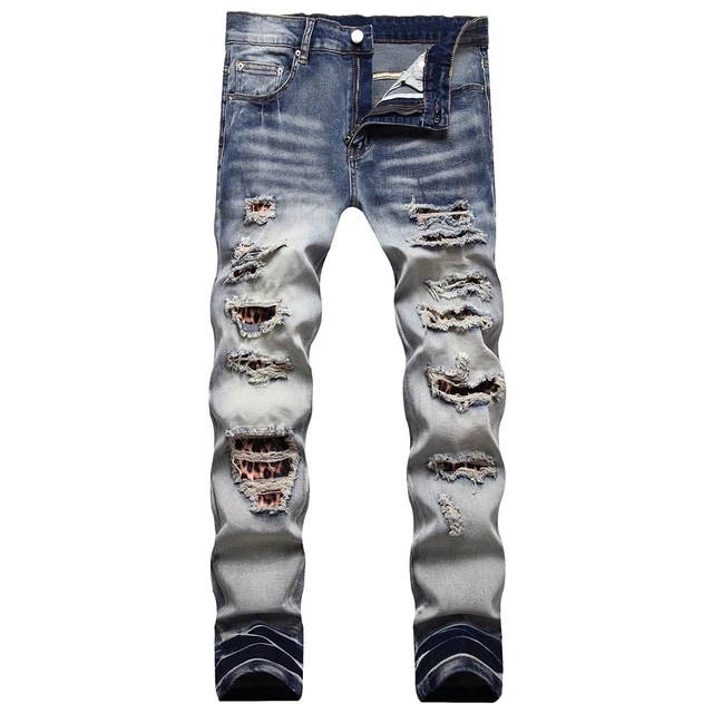 Jeans in Denim elasticizzato con toppe leopardate da uomo pantaloni  Patchwork strappati con fori Streetwear pantaloni