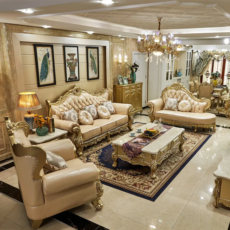 

European-style Leather Sofa First Layer Cowhide Villa Large Apartment Living Room Combination Champagne Solid Wood Carving