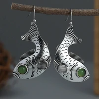 Fish Animal Green Stone Drop Silver Color Earrings 2