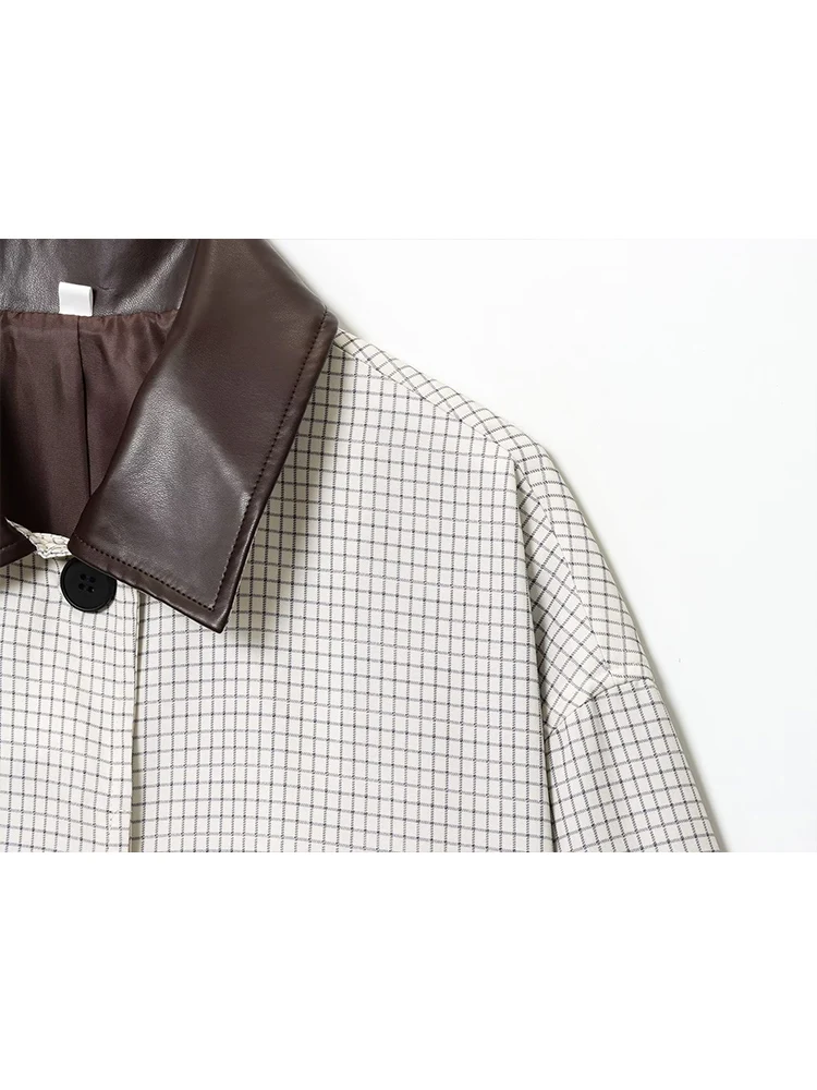 Women's Spliced Windbreaker Chic Lapel PU Collar Single Breasted Pocket Loose Jackets Ladies New Daily Commuting Outerwear