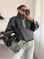 HH 2026 Manteaux en cuir PU noirs tendance pour femme, col montant, manches longues, veste zippée, style vintage, mode urbaine 4
