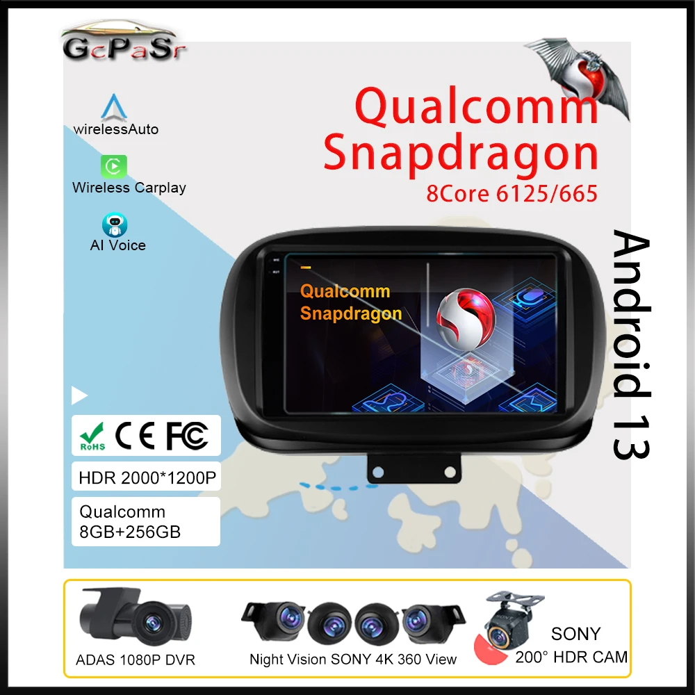 Qualcomm Android Auto Per Fiat 500X 2014 - 2020 Lettore Multimediale Per Auto Autoradio Navigazione Video Gps Hdr Schermo Qled No 2Din Dvd