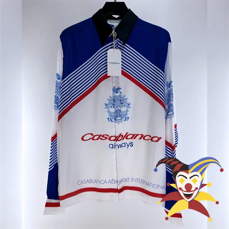 

Silk Casablanca Shirt Blue White Contrast Stripe Letter Print Airways Long Sleeve Soft Shirts For Men Women