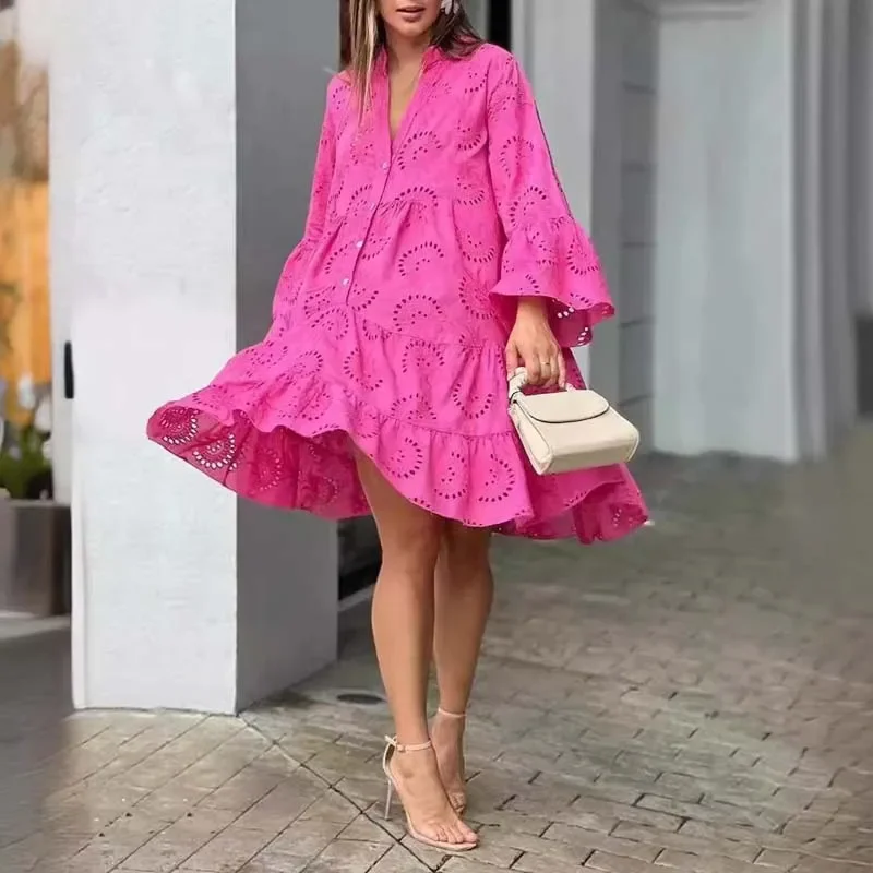 

Solid V-Neck Women Flare Sleeves Summer One-Piece Dress Embroidered Hollow Lace Streetwear Casual Female Clothing