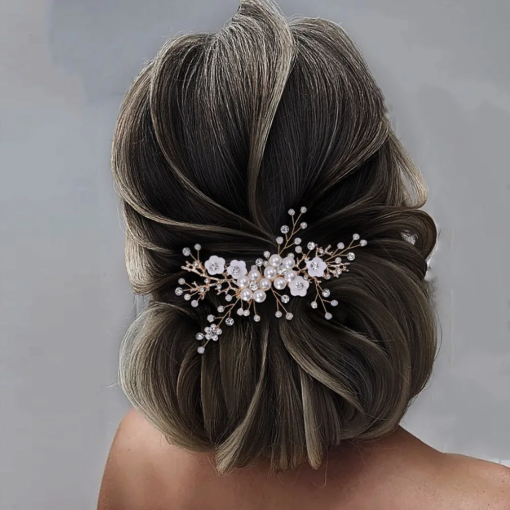 Bride Hair Pin Handmade Alloy Pearl Beads Barrette Women Crystal Rhinestone Hair Combs Tiara Jewelry Wedding Accessories Novia