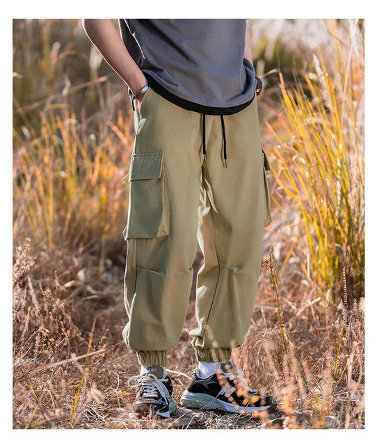 New Black Cargo Pants Hip Hop Joggers Men Loose Harem Pants Multi-pocket Ribbon Trousers Casual Streetwear Sport Pants for Men green