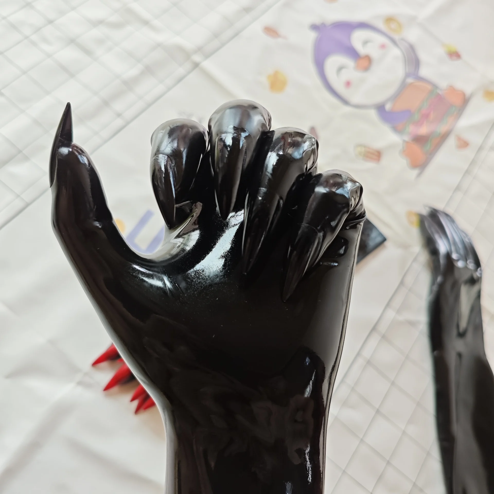 Crossdress Male To Female Oil Shiny Super Thin Latex Zentai short Red Flat Nails Fetish Sheer Cosplay Kigurumi Gloves cosplay gloves latex gloves