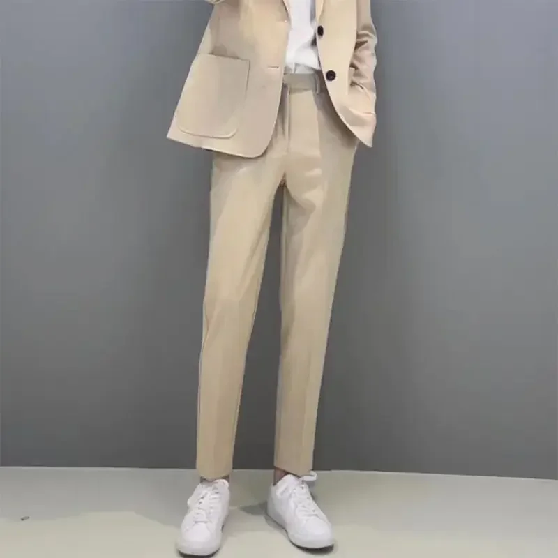 thumbnail image 1 of 9 Pantalones de traje masculino recortados con trenzas, pantalones de verano negros ajustados para hombre, nueva oferta de ropa, elegante formal 2024, estilo coreano, 1 of 4