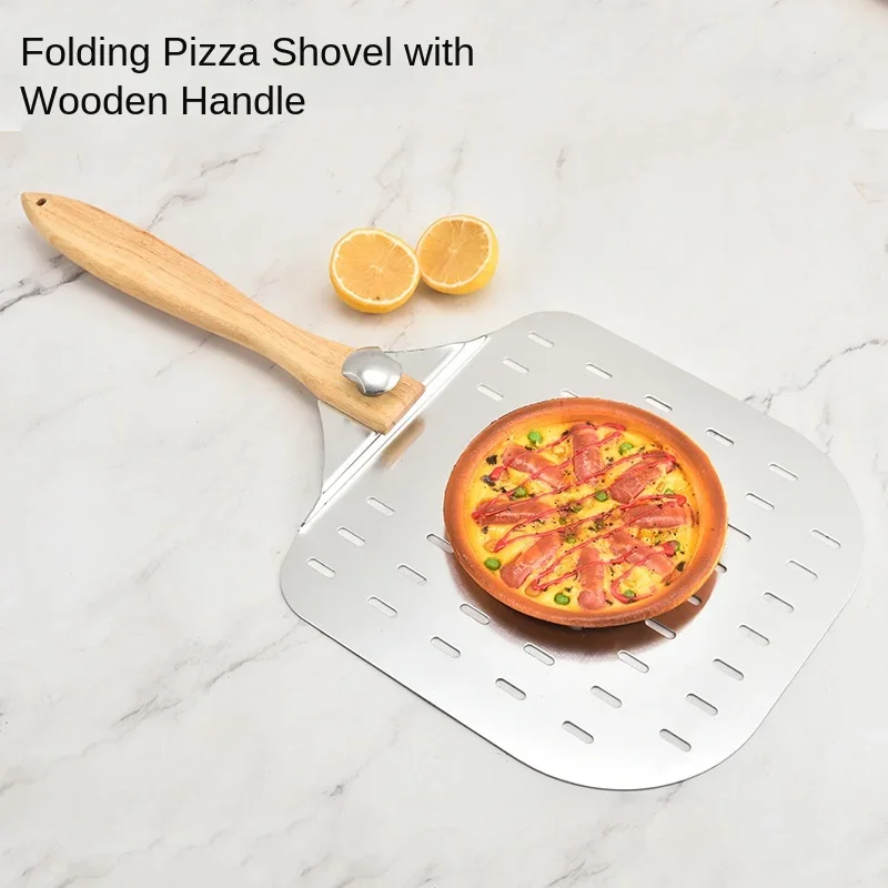 Baking Tool Perforated Pizza with Detachable Rubber Wood Handle Lightweight Aluminum Detachable Pizza Shovel Transfer Tools