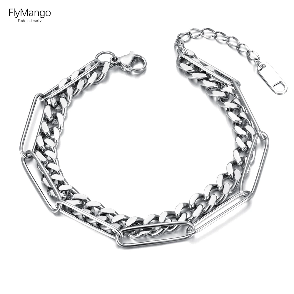 FlyMango Pulseras de doble capa de acero para hombre y mujer, brazalete de eslabones grandes y gruesos, Hiphop/Rock, FB21153| | - AliExpress
