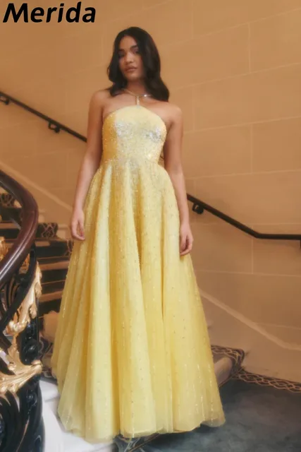 Luxury Yellow Prom Dresses Sequins Beads Spaghetti Straps Sleeveless A-Line High-End Custom Formal Dresses Party Gown Robes De 1