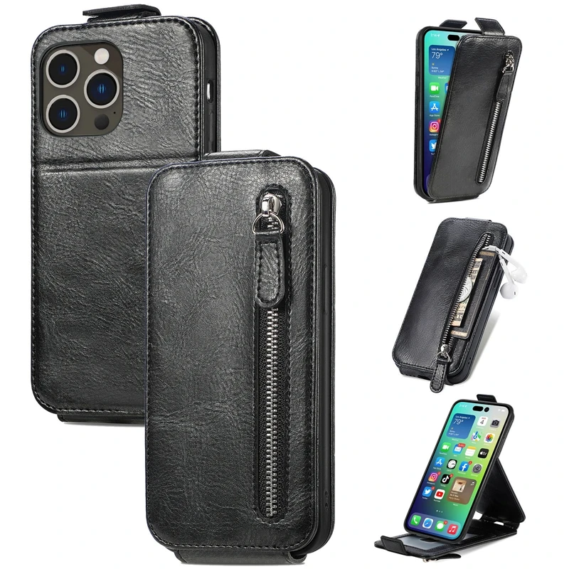 

for iPhone 15 14 13 12 11 Pro Max Mini XR XS MAX X 7 8 PU Leather Flip Vertical Zipper Wallet Magnetic Closure Phone Case Cover