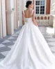 Modern Elegant Mermaid Wedding Dresses Pockets Square Collar Open Back Satin Bridal Gown Sweep Train Customized 2
