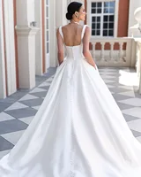 Modern Elegant Mermaid Wedding Dresses Pockets Square Collar Open Back Satin Bridal Gown Sweep Train Customized 2