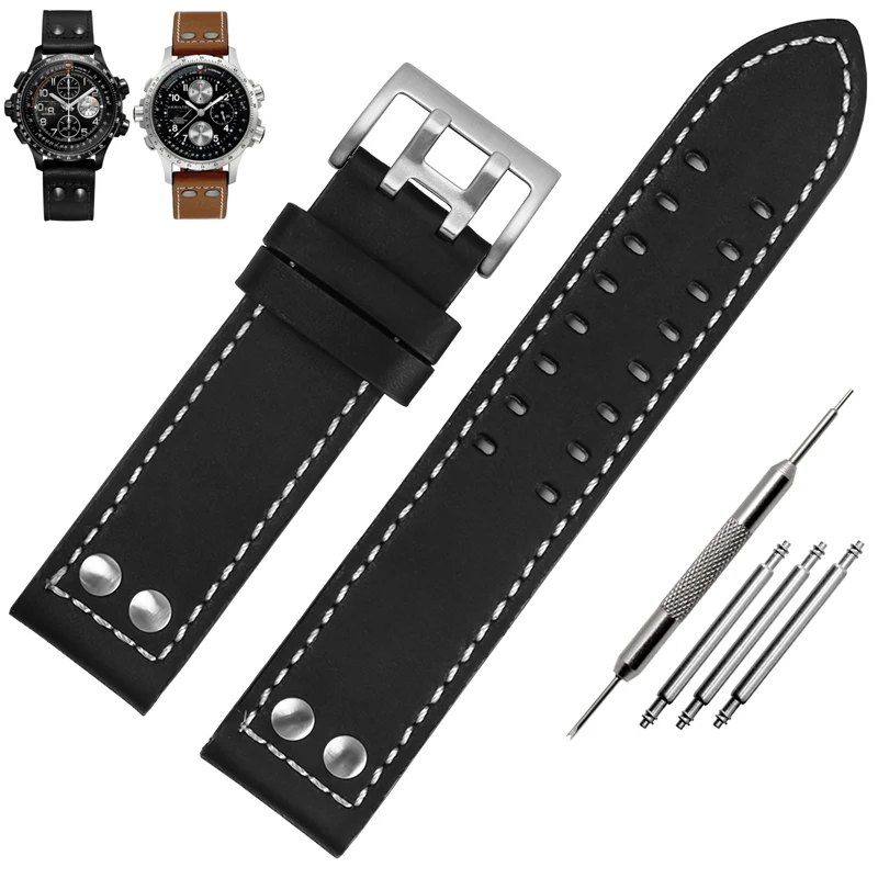 thumbnail image 1 of Correa de cuero genuina para reloj Hamilton H760250 H77616533, pulsera de cuero con remaches para piloto militar, pulsera de aviación de 20 y 22 mm para hombre, 1 of 5