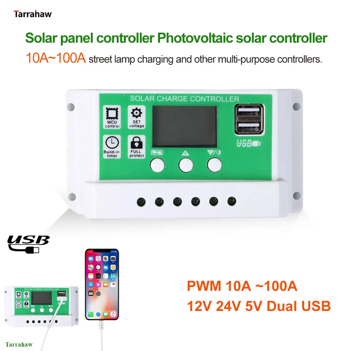 Solar Controller 10A-100A 12V/24V Adaptive Battery Regulator Charge and Discharge Photovoltaic Street Lamp Control System 2USB solar controller