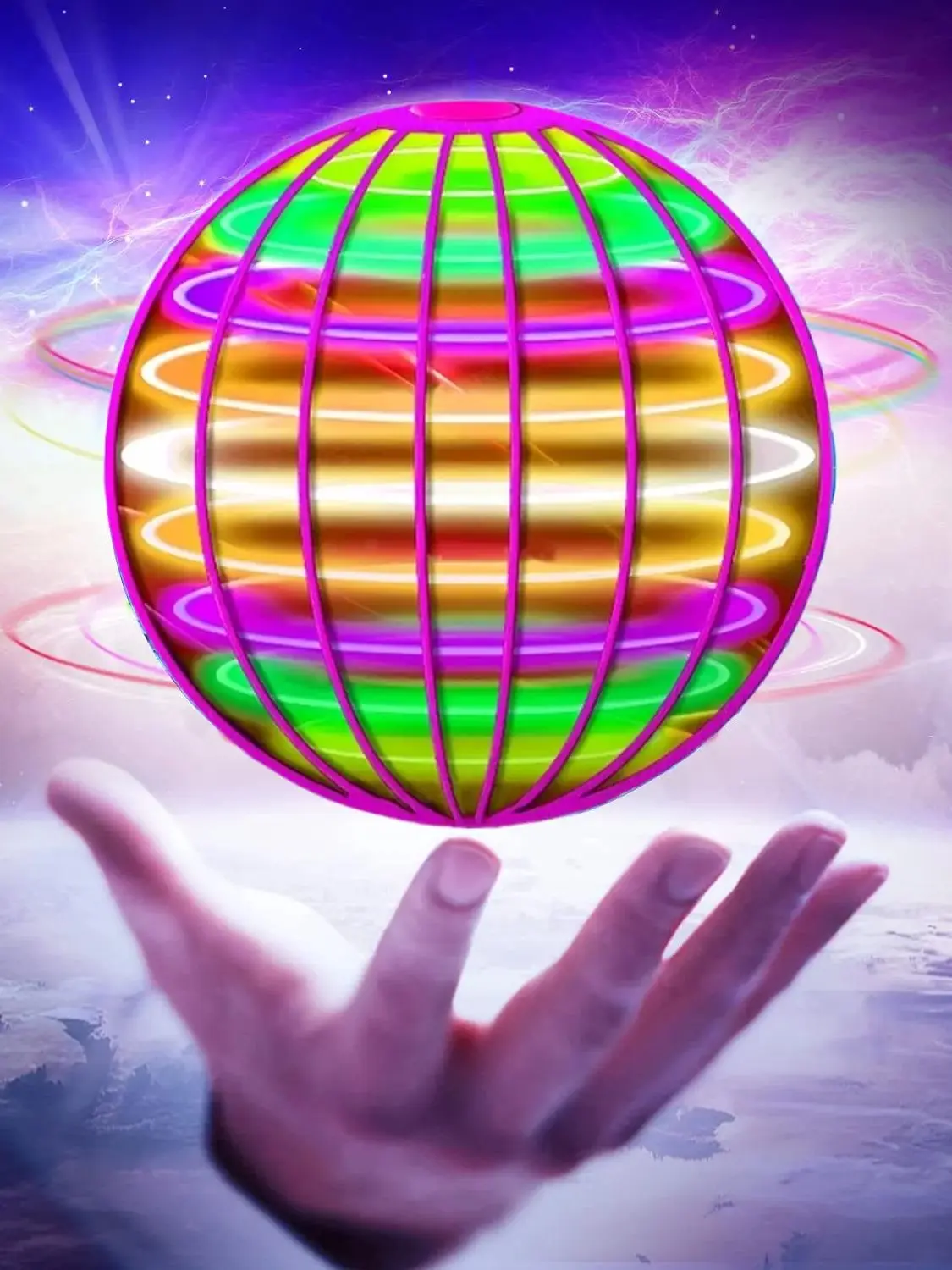 어린이 손 제어 컬러 LED 플라잉 볼, 우주 글로브, 360 ° 회전 서스펜션 볼, 실내 및 실외 장난감에 적합