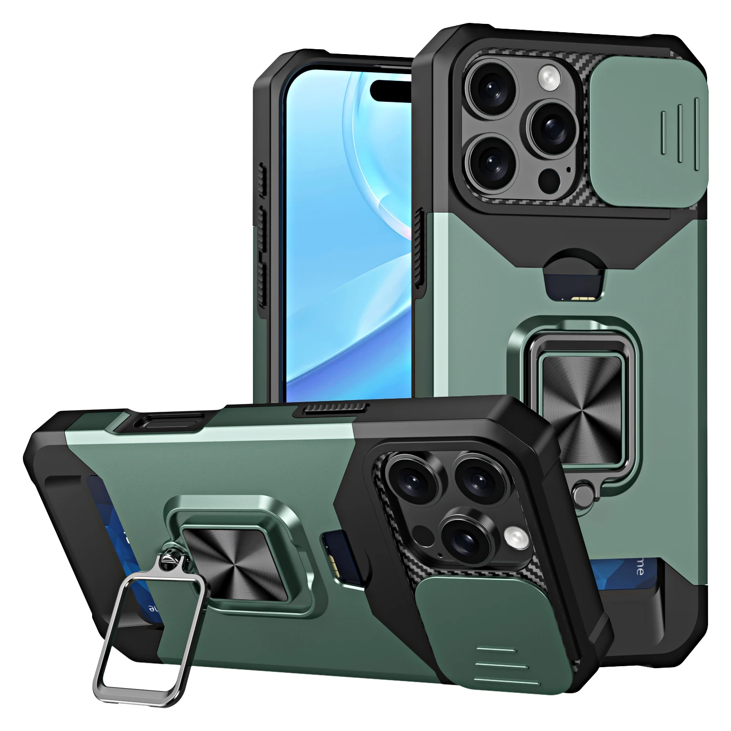 Phone Case with Slide Camera Cover, Card Holder, Ring Stand, and Wallet Slot