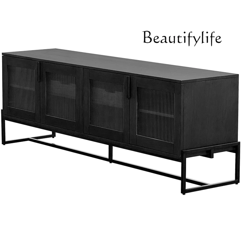 

Light Luxury TV Storage Cabinet Black Retro Solid Wood Simplicity Retro Glass Sideboard Cabinet
