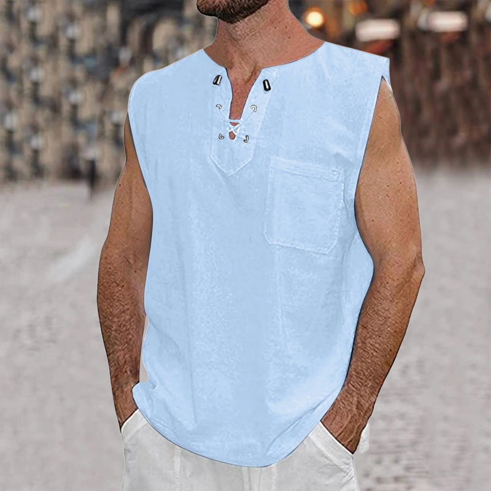  Men's Linen Tank Top Shirts Casual Sleeveless Lace Up