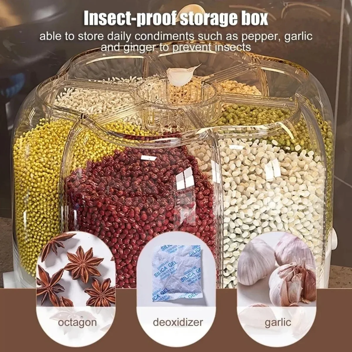 9kg Grains Storage Box 360° Rotating Separated Sealed Grain Rice Dispenser Kitchen Moisture-proof Food Container Storage Box 5