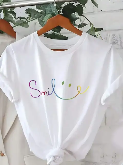 Women Colorful Smile Print Round Neck Short Sleeve Casual T-Shirt White Summer