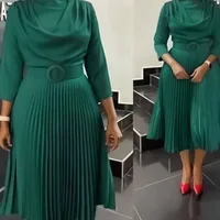 Elegant Office Dress Pleated for Women Professional Round Neck Full Sleeve Belt Waisted Mid Calf Formal Business Work Dress New - Image 4